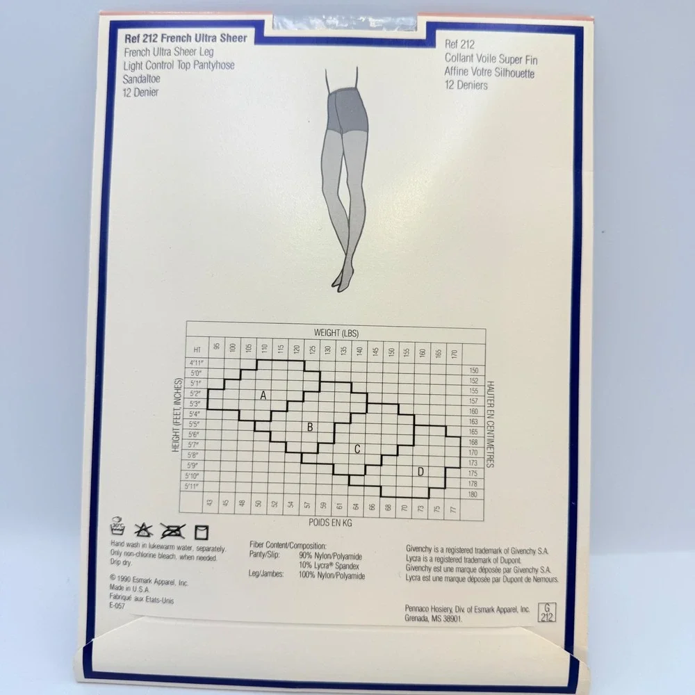 Givenchy French Ultra Sheer Pantyhose Bon Navy Style 212 Size B Vintage 1990 USA